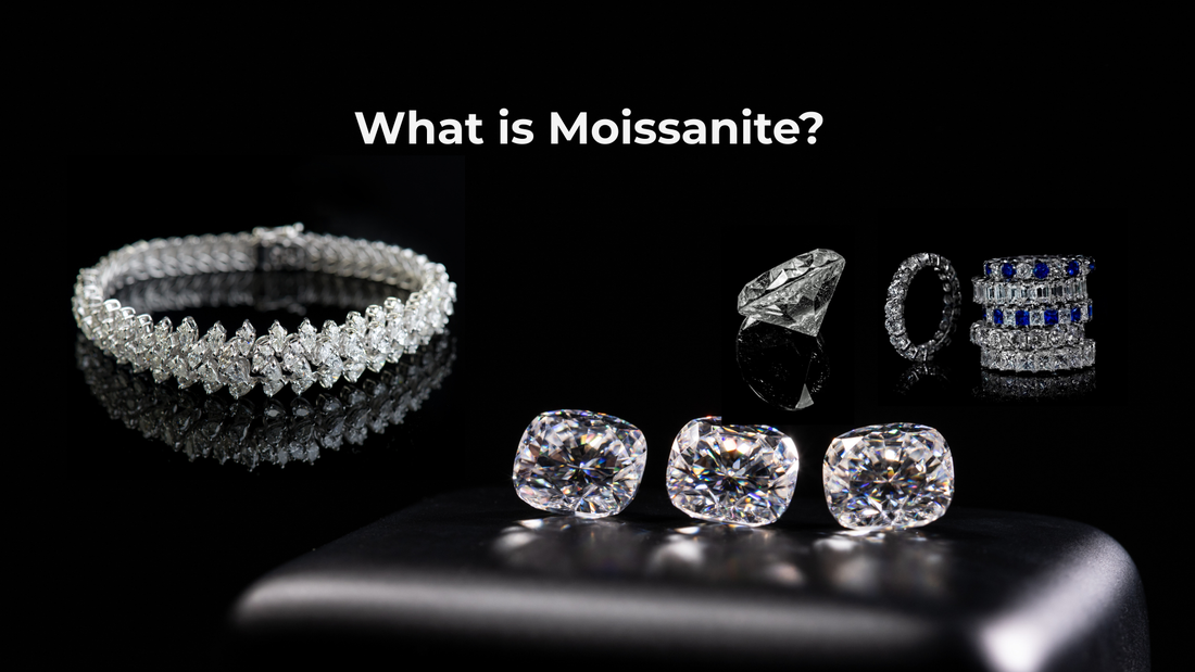 Moissanite and diamond jewelry scattered on a dark reflective surface
