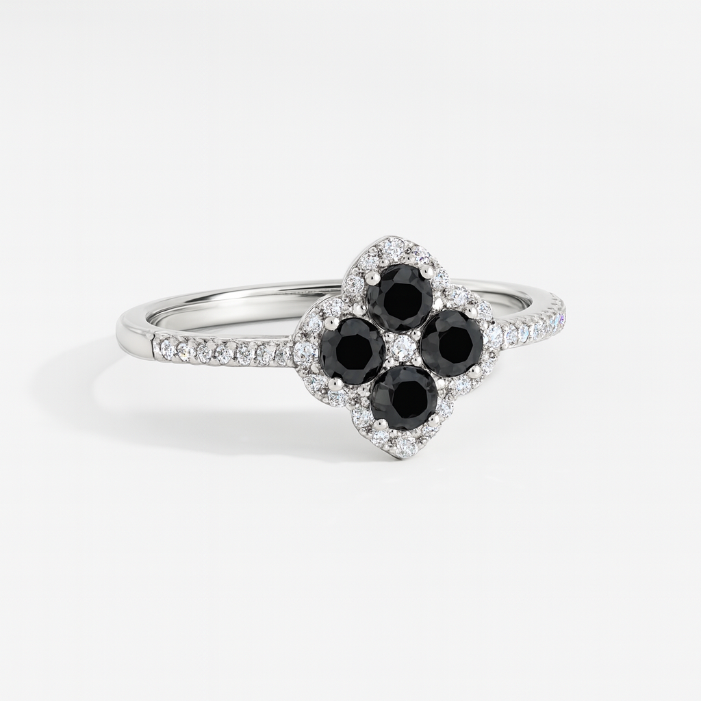 Zedarii Silver clover ring with black moissanite gemstones on a white background