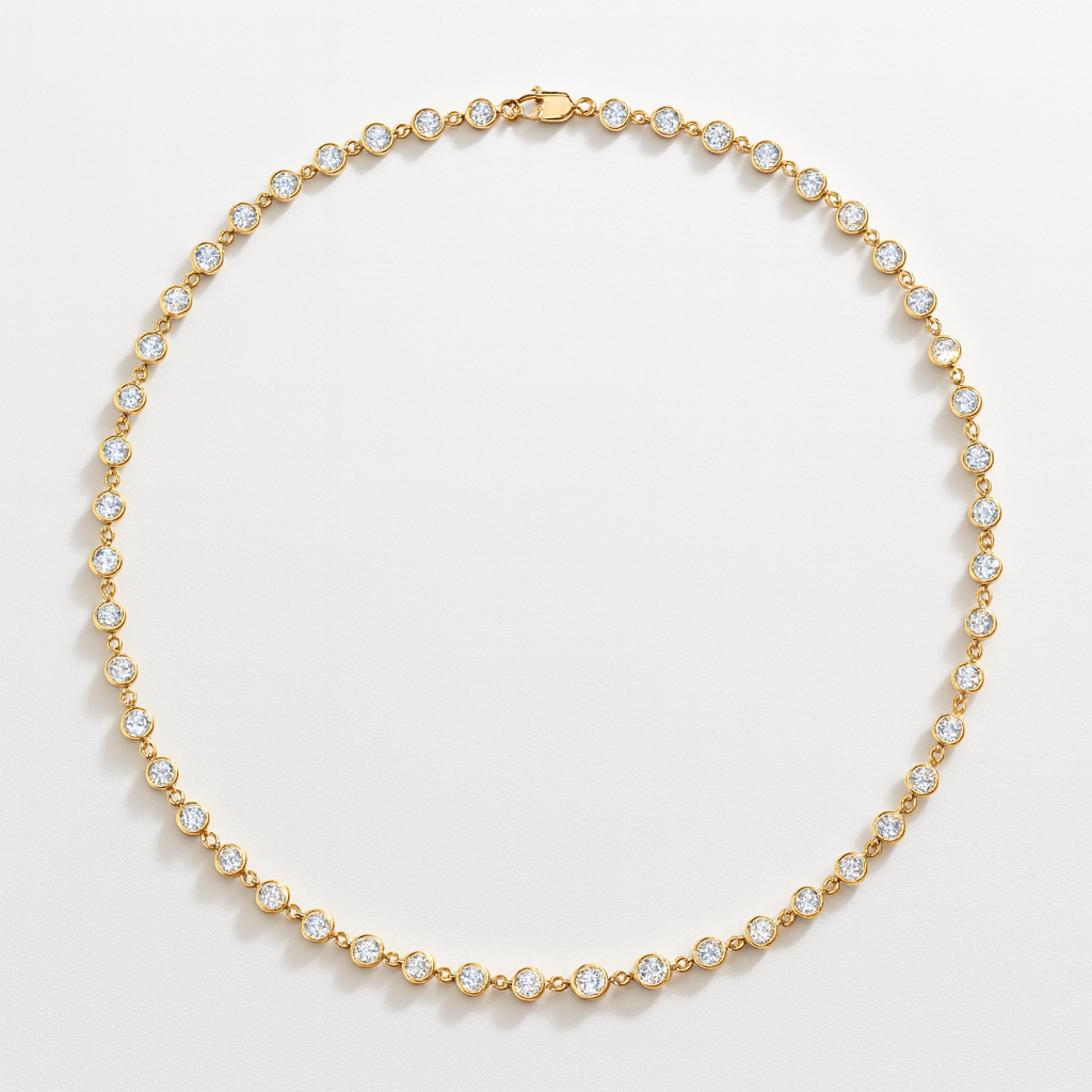 Gold bezel set tennis necklace with clear moissanite stones on a light gray background