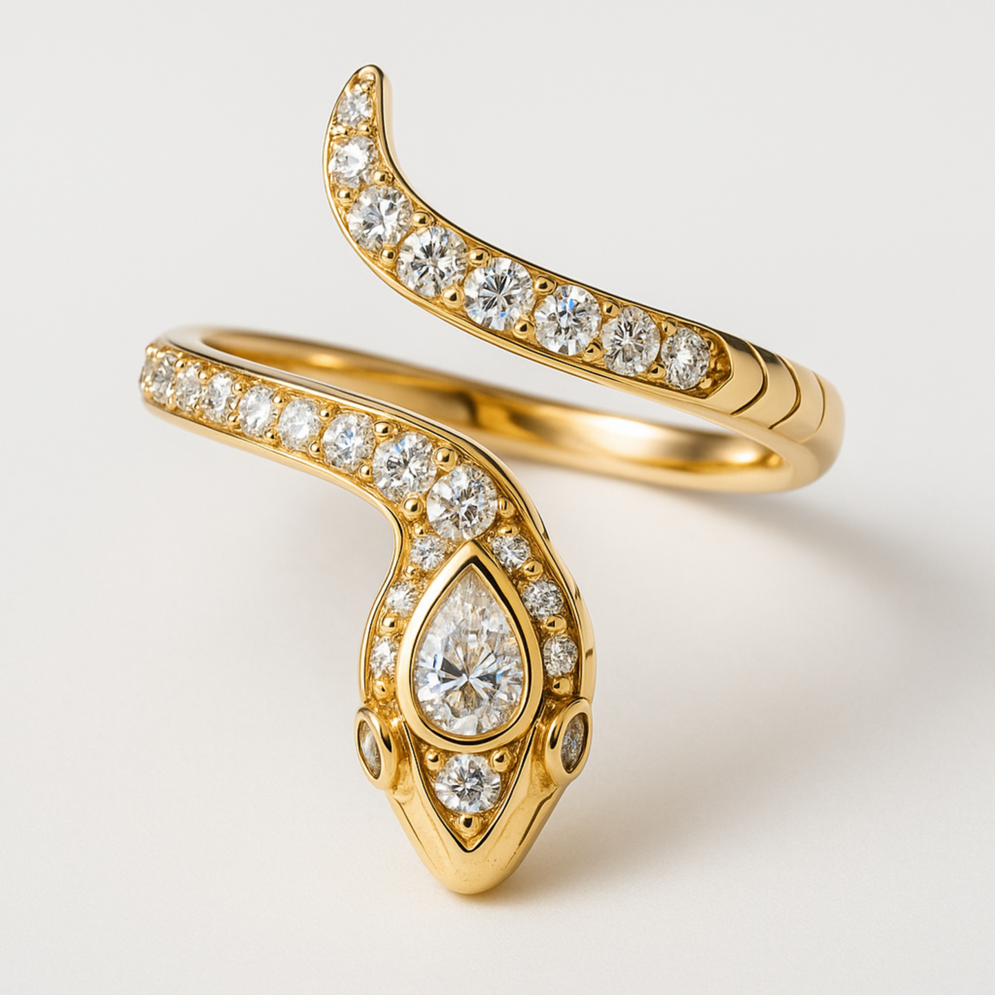 Gold ring with moissanite accents on a light gray background