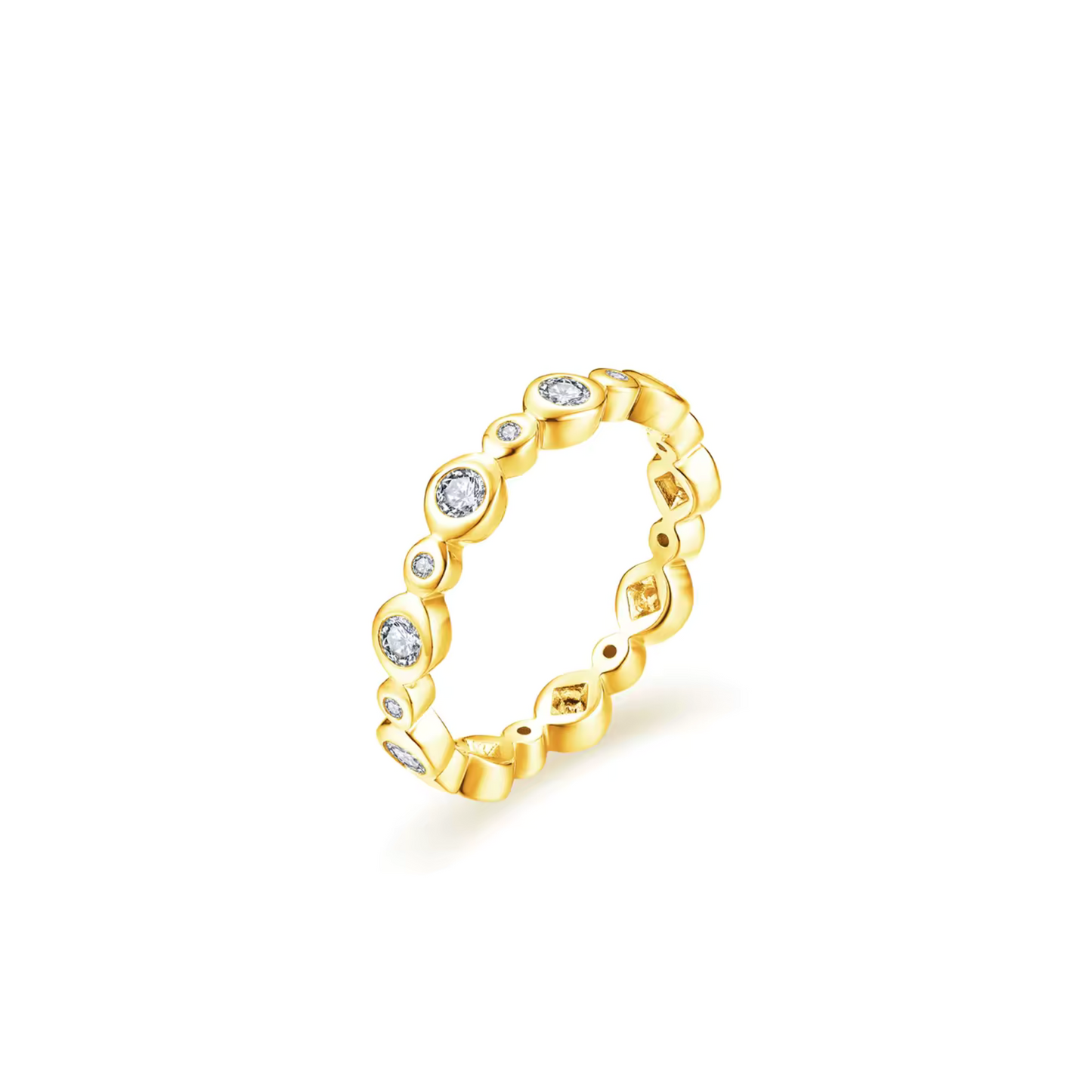 Gold ring with embedded moissanite on a white background
