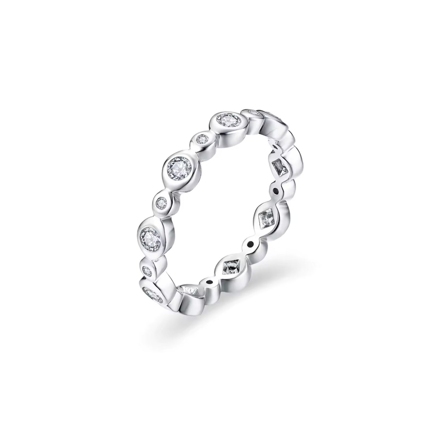 Silver ring with moissanite stones on a white background