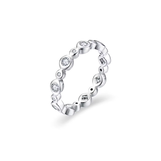 Silver ring with moissanite stones on a white background