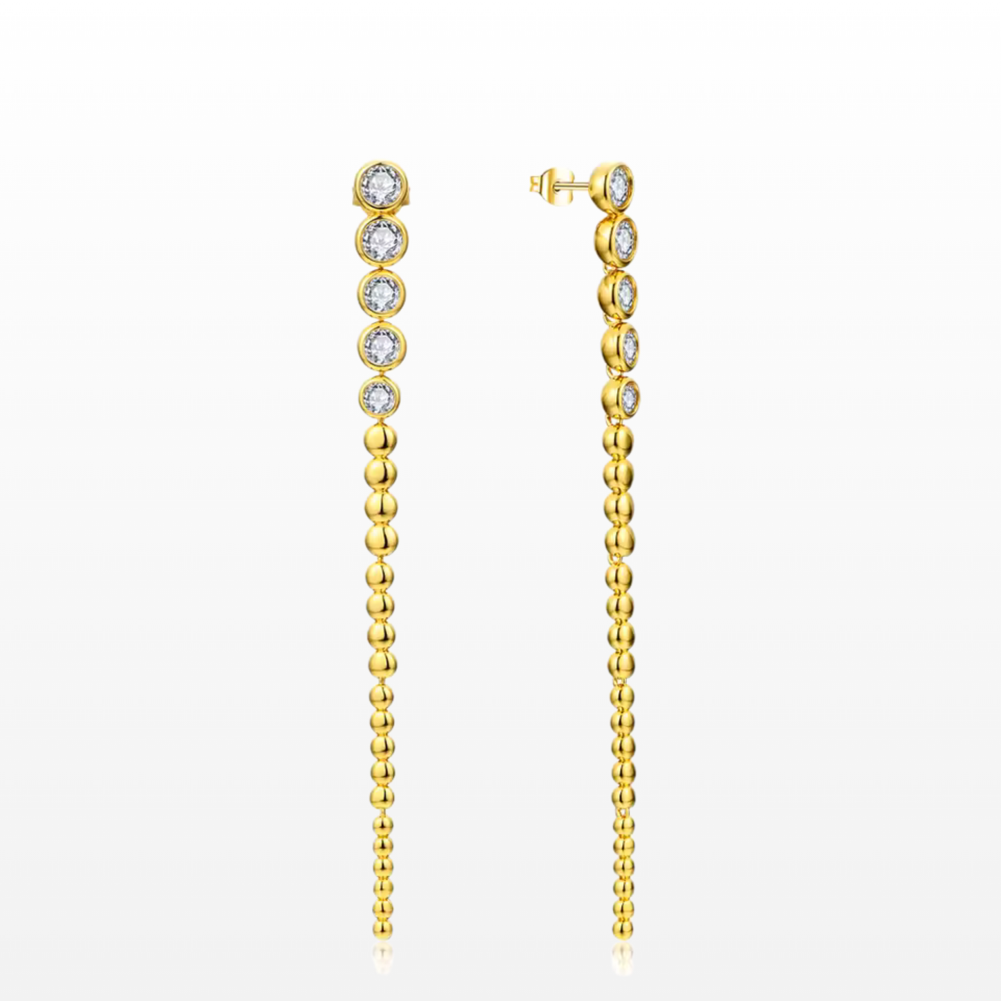 Gold moissanite beaded earrings on a white background