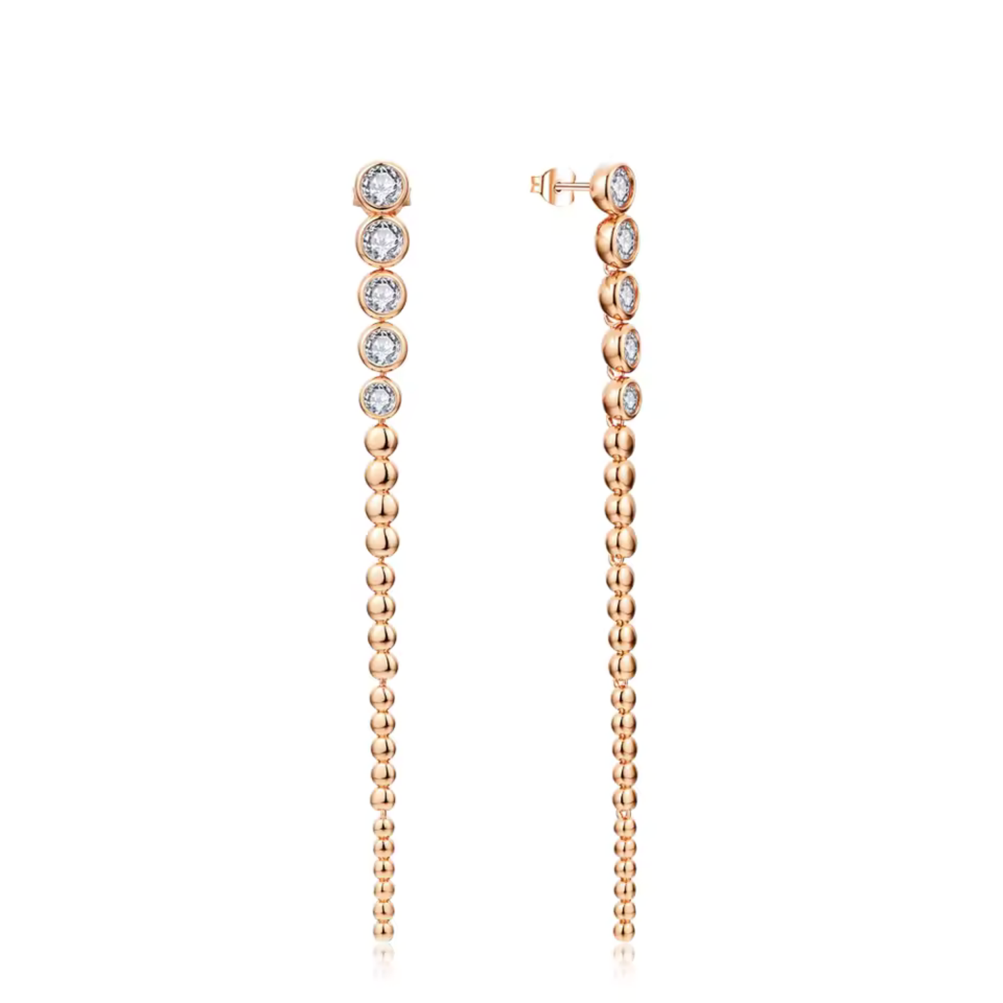 Rose gold beaded moissanite earrings on a white background