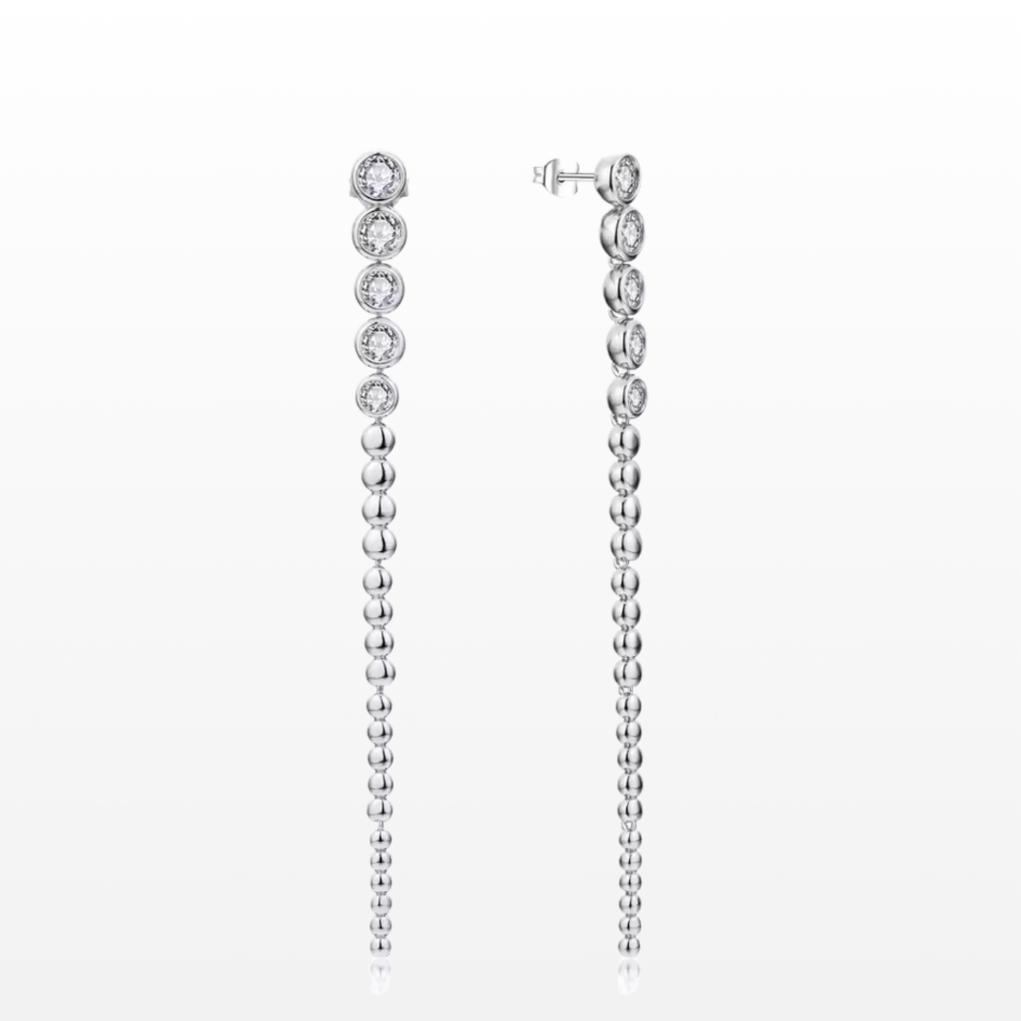 Silver beaded moissanite earrings on a white background