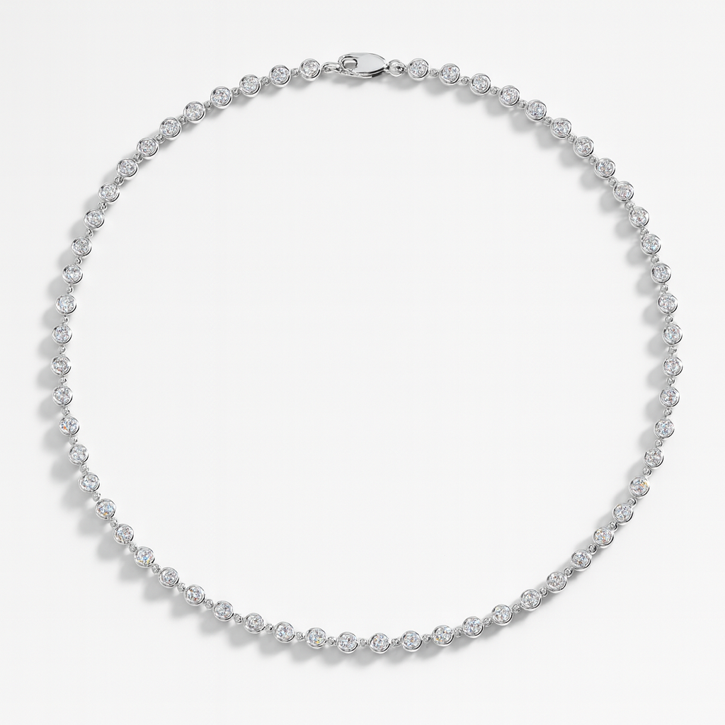 Bezel set Moissanite Tennis necklace on a light gray background