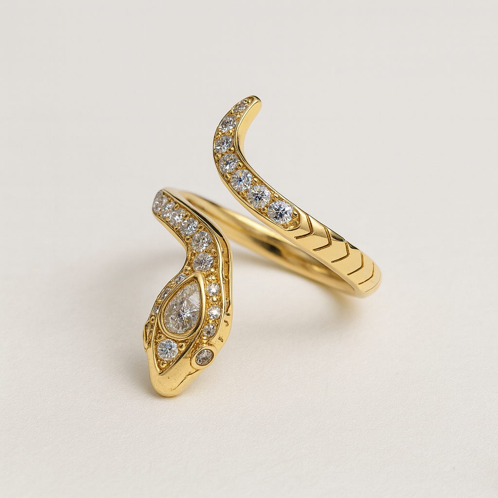 Side view Gold snake-shaped ring with moissanite accents on a light grey background